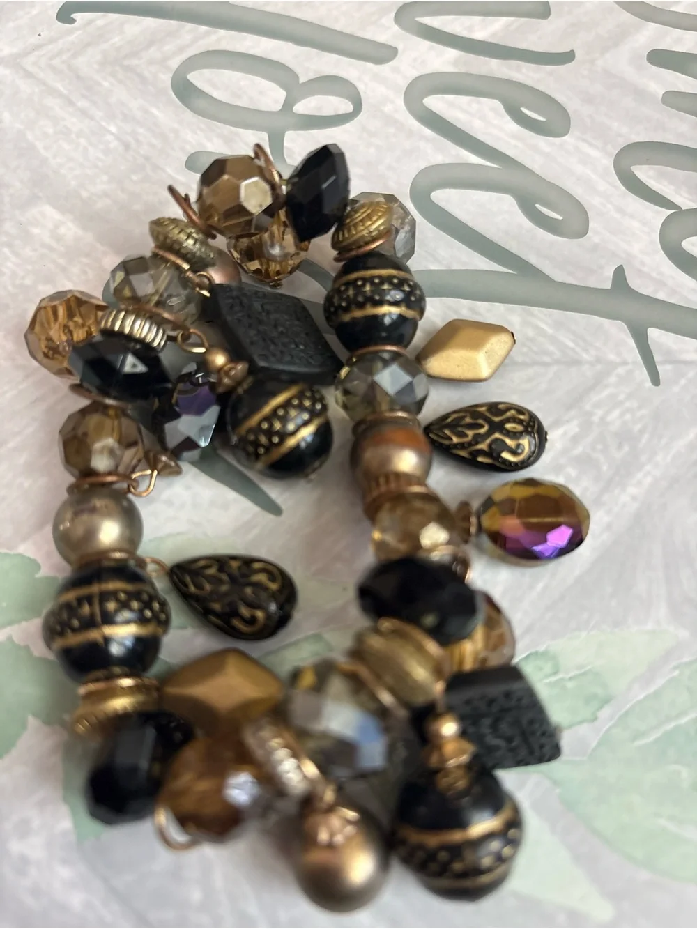 Vintage-Style Beaded Charm Bracelet Gold-Tone Faceted Beads Statement Jewelry